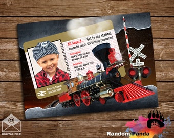 Digital Delivery, Funny Conductor Train Party Invitation, Steam Engine Train Birthday Invite