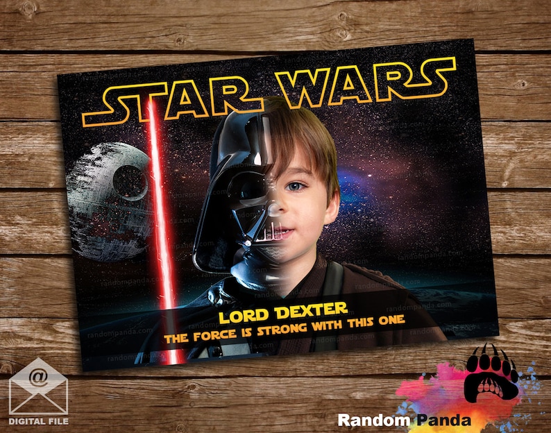 May include: A Star Wars themed birthday party invitation with a photo of a young boy in a Darth Vader costume. The text reads "STAR WARS" and "LORD DEXTER THE FORCE IS STRONG WITH THIS ONE".