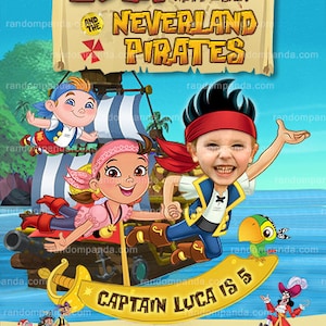 May include: A colorful pirate-themed birthday party invitation featuring cartoon characters on a ship. The invitation includes the text "Luca and the Neverland Pirates" and "Captain Luca is 5". The background is a blue ocean scene.