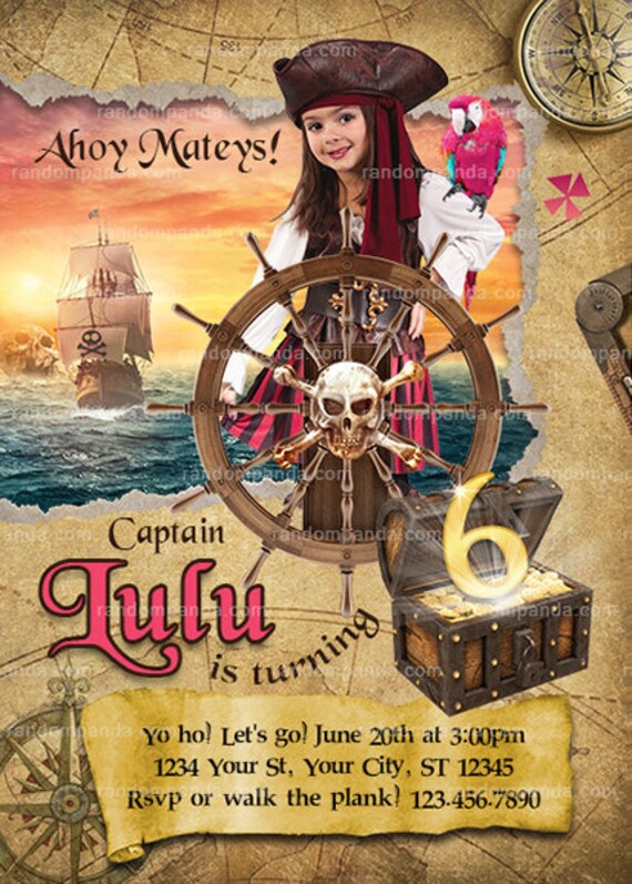 Personalize Pink Pirate Invitation, Pirate Party, Pirate Ship Birthday Invite Il_570xn