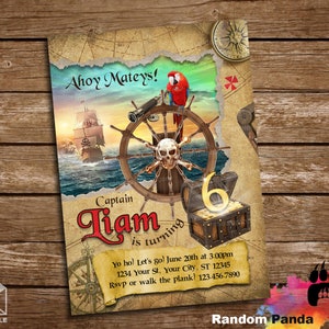 Livraison numérique, Invitation d'anniversaire de pirate, Fête de la carte au trésor, Invitation de perroquet de bateau de pirate