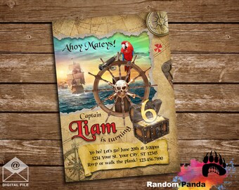 Digital Delivery, Pirate Birthday Invitation, Treasure Map Party, Pirate Ship Parrot Invite