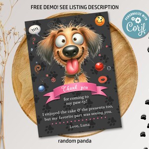 Bewerkbare grappige bruine hond tong uit bedankkaartje verjaardagsfeestje schattige baby roze puppy verjaardag bedankje digitale afdrukbare