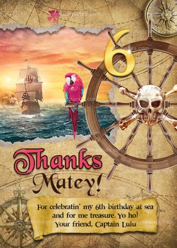 Digital Delivery, Pirate Thank You Card, Pink Pirate Party, Pirate Ship Birthday Thanks Note Il_570xn