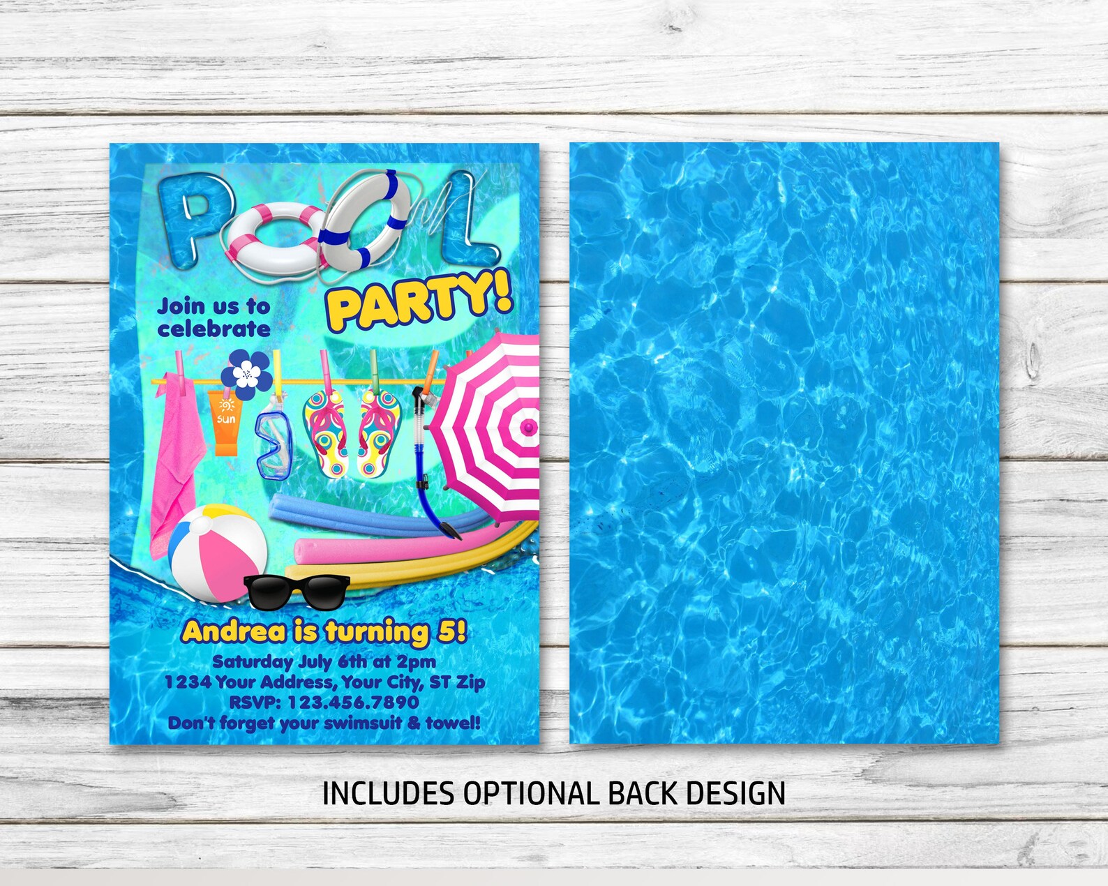 Editable Sunglasses Floaties Pool Party Invitation Pink Beach Ball Swim ...