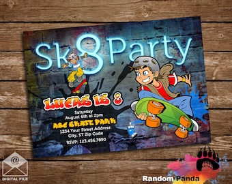 Könnte beinhalten: Eine blaue und rote Geburtstagseinladung mit einem Neon-Schild, auf dem "Sk8 Party" steht. Die Einladung ist für Lucas' 8. Geburtstagsparty in einem Skatepark. Die Einladung zeigt ein Grafikbild eines Jungen, der Skateboard fährt.