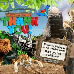 Entrega digital, Jungle Gracias Tarjeta, Fiesta de Cumpleaños Safari, Elefante Gracias Nota