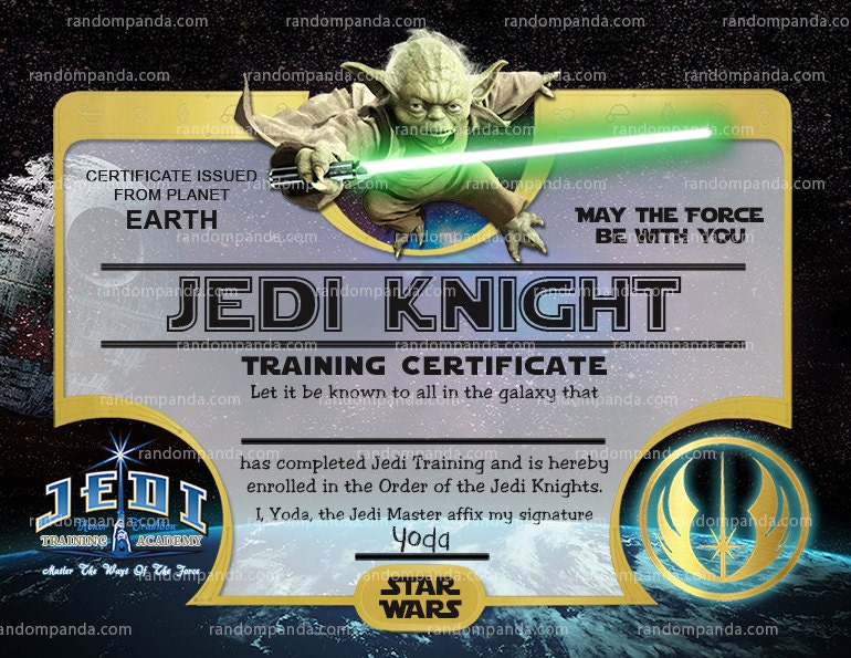 Jedi Training Certificate Star Wars Yoda Poster or Party | Etsy