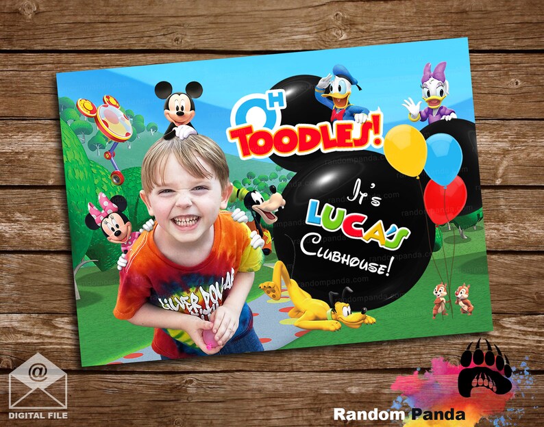 May include: A colorful birthday invitation featuring Mickey Mouse and other Disney characters from Mickey Mouse Clubhouse. The invitation says "Oh Toodles! It's Lucas Clubhouse!"