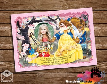 May include: Pink invitation with a photo frame featuring a young girl. The invitation features Belle and the Beast from Beauty and the Beast. The text reads "Join us for Princess Gabby's 6th Royal Celebration! Sat. June 20th from 2-5pm at First Baptist Church Fellowship Hall RSVP 123-456-7890 *Please wear your favorite princess dress or shirt*"