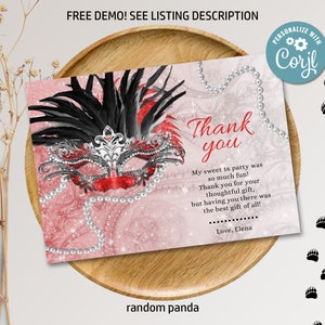 Bearbeitbare Rubinrote Maskerade Geburtstag Dankeskarte Rote und schwarze Masquerade Ball Danke Hinweis Mädchen Quinceaňera Party Maske Digital Printable