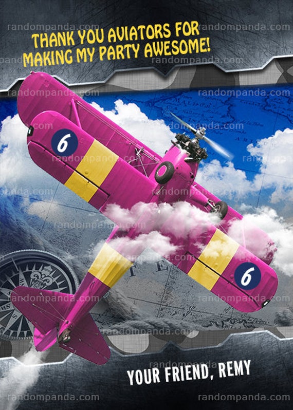 Digital Delivery, Airplane Pilot Thank You Card, Pink Aviator Party, Retro Biplane Birthday Thanks Note Il_570xn