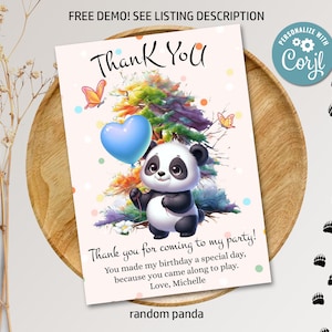 Cartão de agradecimento de aniversário de ursos panda bebê editável, balão azul, festa de panda, nota de agradecimento de aniversário, menino, impressão digital