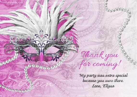 Digital Delivery, Fuchsia Masquerade Ball Thank You Card, Sweet 16 Party Thanks Note Il_570xn