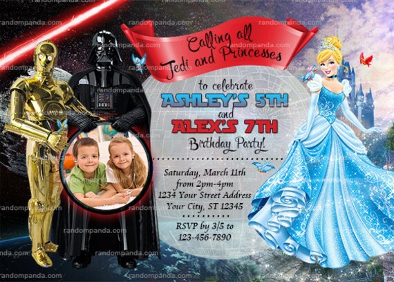 Digital Delivery, Personalize Star Wars and Cinderella Invitation, Twins Invite Il_570xn