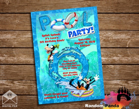 Digital Delivery, Goofy Pool Party Invitation, Micky Mouse Swimming Birthday Invite Il_570xn