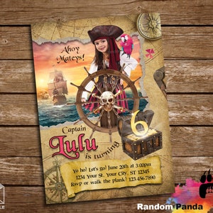 Entrega digital, invitación pirata rosa, fiesta de disfraces pirata, invitación de cumpleaños del cofre del tesoro del barco pirata