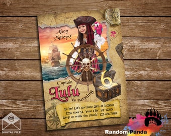 Digital Delivery, Pink Pirate Invitation, Pirate Costume Party, Pirate Ship Treasure Chest Birthday Invite