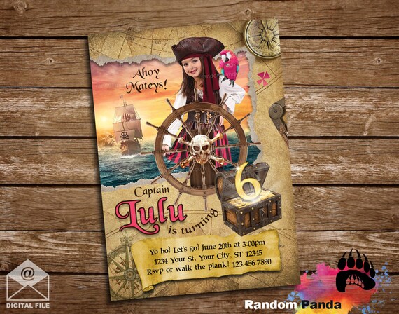 Digital Delivery, Pink Pirate Invitation, Pirate Costume Party, Pirate Ship Treasure Chest Birthday Invite Il_570xn