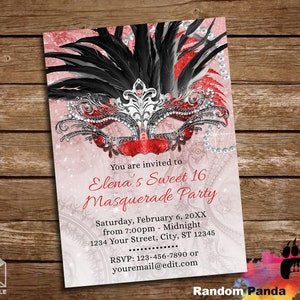 Entrega digital, invitación al baile de máscaras rojas, fiesta de dulces 16, invitación de cumpleaños de quinceañera de rubí escarlata