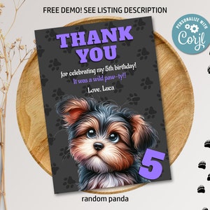 Bewerkbare Yorkshire Terrier Dog verjaardagsfeestje bedankkaart schattige baby paarse kleine puppy verjaardag bedankje digitale afdrukbare