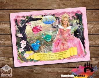 May include: Pink invitation with a princess in a pink dress and a fairy tale scene. The invitation says "Join us for Princess Ryann's 6th Royal Celebration! Sat. June 20th from 2-5pm at First Baptist Church Fellowship Hall - RSVP 123-456-7890 *Please wear your favorite princess dress or tshirt*"