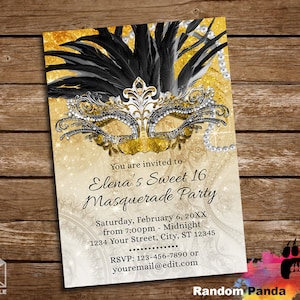 Digital Delivery, Gold Masquerade Ball Birthday Invitation, Sweet 16 Party, Yellow Quinceañera Invite
