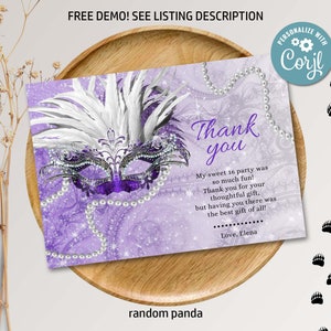 Cartão de agradecimento de aniversário de baile de máscaras roxo editável, nota de agradecimento para baile de máscaras violeta, festa de quinceañera, máscara de lavanda para impressão digital