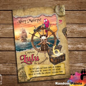 Entrega digital, invitación de cumpleaños pirata rosa, fiesta pirata, invitación de loro barco pirata