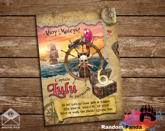 Digital Delivery, Pink Pirate Birthday Invitation, Pirate Party, Pirate Ship Parrot Invite