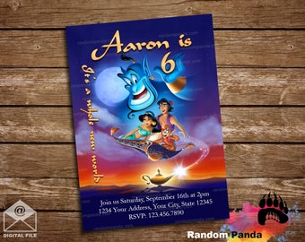 May include: A blue genie with a large smile flies on a magic carpet with a princess and a man. The genie is holding a lamp. The text on the invitation says "Aaron is 6. It's a whole new world. Join us Saturday, September 16th at 2pm. 1234 Your Address, Your City, State 12345. RSVP: 123.456.7890."