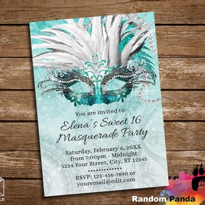 Digital Delivery, Teal Masquerade Ball Birthday Invitation, Sweet 16 Party, Blue-Green Quinceañera Invite
