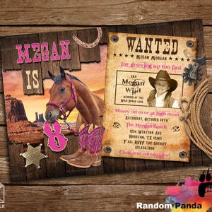 Livraison numérique, personnaliser l&#39;invitation de cow-girl, fête recherchée de l&#39;Ouest rose, invitation de cheval du Far West