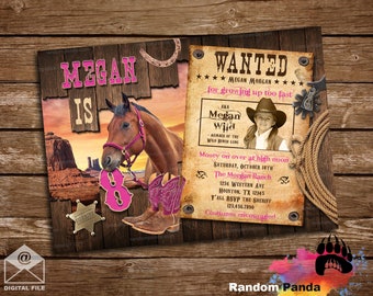 Digitale Lieferung, personalisierte Cowgirl-Einladung, rosa Western-Gesucht-Party, Wild-West-Pferd einladen