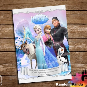 Könnte beinhalten: Eine Dankeskarte mit Figuren aus dem Animationsfilm Frozen. Die Karte hat einen rosa und violetten Hintergrund mit einem weißen Rand. Die Figuren sind Elsa, Anna, Kristoff, Olaf und Sven. Der Text auf der Karte lautet "Danke" und "Vielen Dank für deine Teilnahme an meiner königlichen Feier. Du hast meine Geburtstagswünsche wahr werden lassen! Dein Freund, Ryanne."