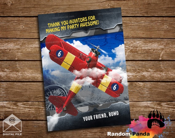 Digital Delivery, Airplane Pilot Thank You Card, Aviator Party, Retro Biplane Birthday Thanks Note Il_570xn