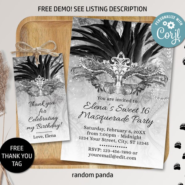 Editable Black and White Masquerade Birthday Invitation Silver Masquerade Ball Bday Invite Girl Quinceañera Party Mask Digital Printable