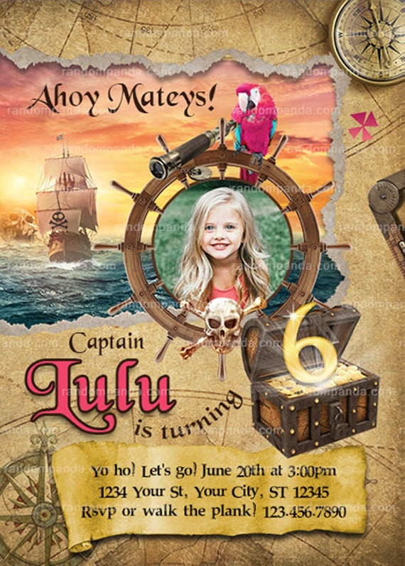 Digital Delivery, Personalize Pirate Birthday Invitation, Pink Pirate Party, Pirate Ship Invite Il_570xn