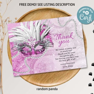 Bewerkbare fuchsia maskerade verjaardag bedankkaart roze gemaskerd bal Bedankt opmerking meisje Quinceañera partij magenta masker digitale afdrukbare