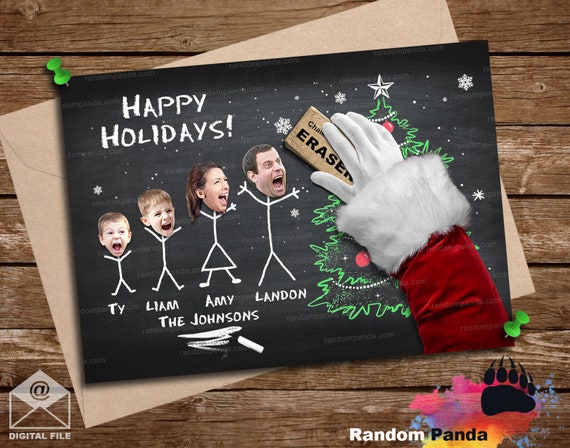 Digital Delivery Funny Christmas Card, Santa Erasing Chalk Stick Family on Chalkboard Il_570xn
