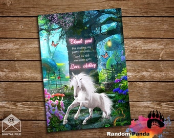 Entrega digital, Tarjeta de agradecimiento de unicornio brillante, Fiesta del bosque encantado, Nota de agradecimiento del jardín mágico