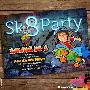 Digitale levering, grappige Skater Party uitnodiging, Skateboard verjaardagsuitnodiging