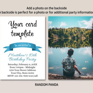 May include: A blue and white birthday party invitation template with a blue ribbon banner that says "You are invited to". The text on the invitation says "Matthew's 10th Birthday Party" and includes the date, time, address, and RSVP information.