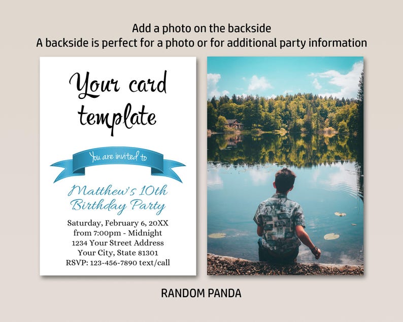 May include: A blue and white birthday party invitation template with a blue ribbon banner that says "You are invited to". The text on the invitation says "Matthew's 10th Birthday Party" and includes the date, time, address, and RSVP information.