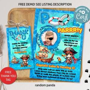 May include: A blue and white birthday party invitation with a pirate ship and a pool. The invitation says "Pool Parrrty" and "Captain Luke is turning 5!"
