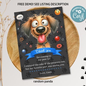 Bewerkbare grappige bruine hond tong uit bedankkaartje verjaardagsfeestje schattige baby blauwe puppy verjaardag bedankje digitale afdrukbare