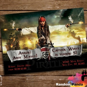 May include: A printable invitation for a pirate-themed birthday party. The invitation features a photo of Captain Jack Sparrow from the Pirates of the Caribbean movie series. The text on the invitation reads "ARRGH! AHOY MATEY!" and "Captain Wyatt is turning 5!" with a date and time for the party.