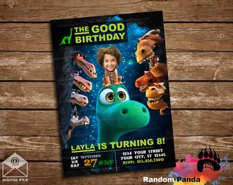 May include: A birthday invitation featuring a green dinosaur with a girl's face superimposed on its head. The dinosaur is surrounded by other dinosaurs, and the text "The Good Birthday" is at the top of the invitation. The text "Layla is turning 8!" is at the bottom of the invitation, along with details about the party, including the date, time, and location.