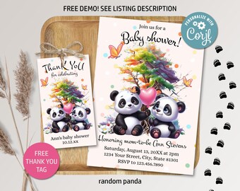 May include: A printable baby shower invitation with a pink, white, and blue color scheme. The invitation features two cartoon pandas holding a pink heart balloon. The text on the invitation reads "Join us for a Baby Shower!" and includes the date, time, and location of the event. The invitation also includes a "Thank You" tag with two pandas holding a heart balloon.