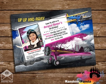 Digital Delivery, Funny Airplane Pilot Invitation, Pink Retro Biplane Party Invite, Be an Aviator